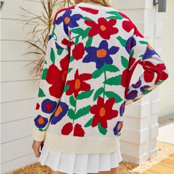 New Crew Neck Ivory Floral Knit Sweater with Red, Blue, Green, Orange Flowers - Picture 4 of 17